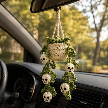 Halloween Crochet Car Hanging Plant, Skull Car Charm Hanging, Spooky Car Decor, Handmade Plant Car Accessories Gift