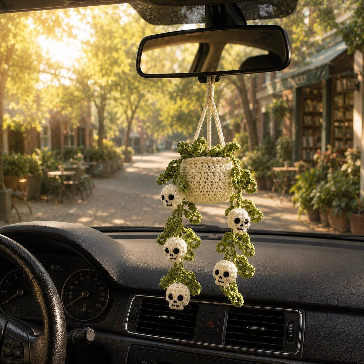 Halloween Crochet Car Hanging Plant, Skull Car Charm Hanging, Spooky Car Decor, Handmade Plant Car Accessories Gift
