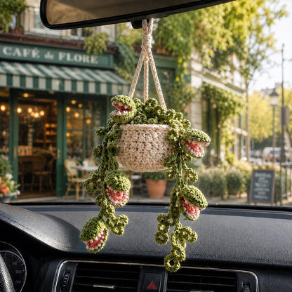 Halloween Crochet Venus Flytrap Car Hanging, Carnivorous Plant Car Charm, Spooky Cute Car Decor, Handmade Car Accessory, Plant Lover Gift