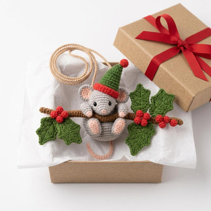Christmas Crochet Mouse Car Charm, Cute Holiday Rearview Mirror Hanger, Holly Mouse Ornament, Christmas Car Decor, Mouse Lover Gift