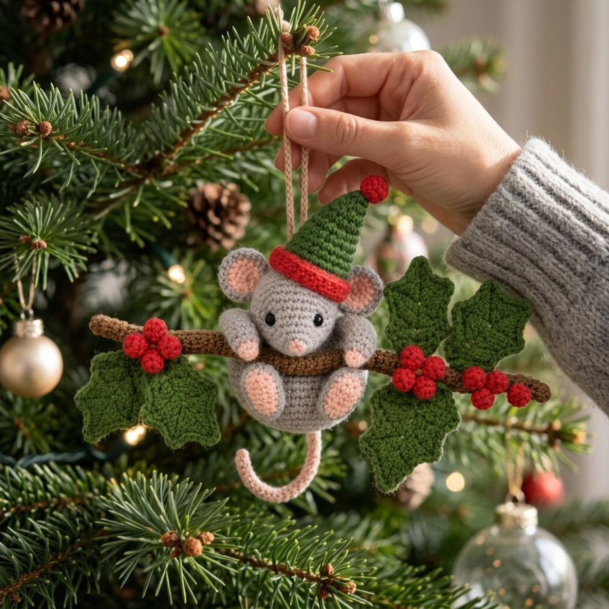 Christmas Crochet Mouse Car Charm, Cute Holiday Rearview Mirror Hanger, Holly Mouse Ornament, Christmas Car Decor, Mouse Lover Gift