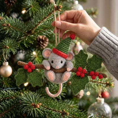 Christmas Crochet Mouse Car Charm, Cute Holiday Rearview Mirror Hanger, Holly Mouse Ornament, Christmas Car Decor, Mouse Lover Gift