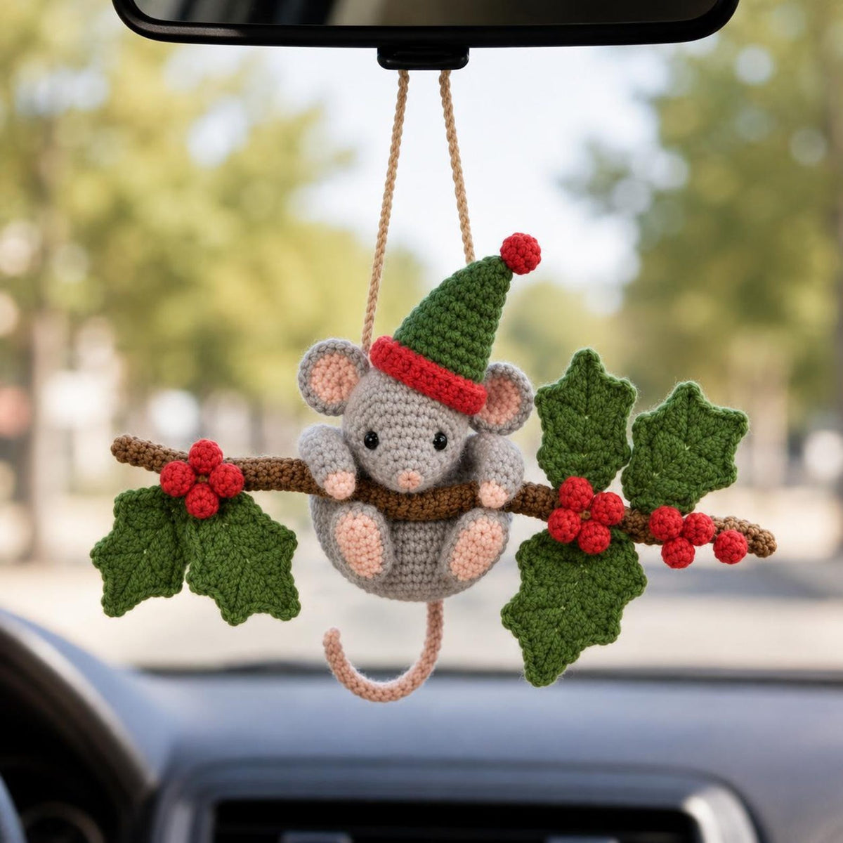 Christmas Crochet Mouse Car Charm, Cute Holiday Rearview Mirror Hanger, Holly Mouse Ornament, Christmas Car Decor, Mouse Lover Gift