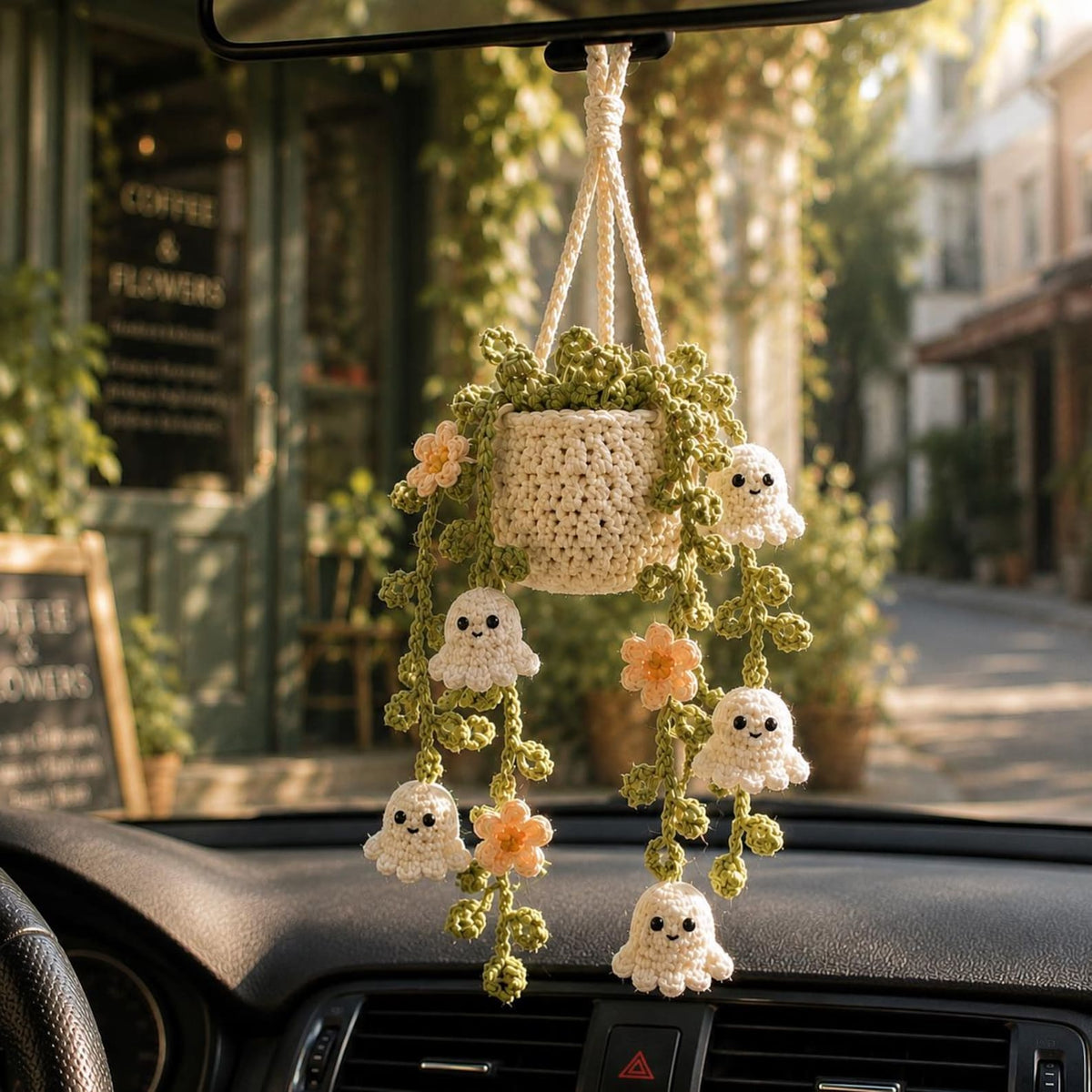 Crochet Halloween Ghost Plant Car Charm, Spooky Cute Car Mirror Hanging, Halloween Car Decor, Handmade Plant Car Accessory, Plant Lover Gift
