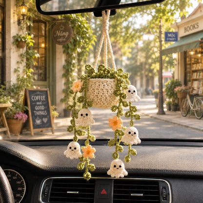 Crochet Halloween Ghost Plant Car Charm, Spooky Cute Car Mirror Hanging, Halloween Car Decor, Handmade Plant Car Accessory, Plant Lover Gift