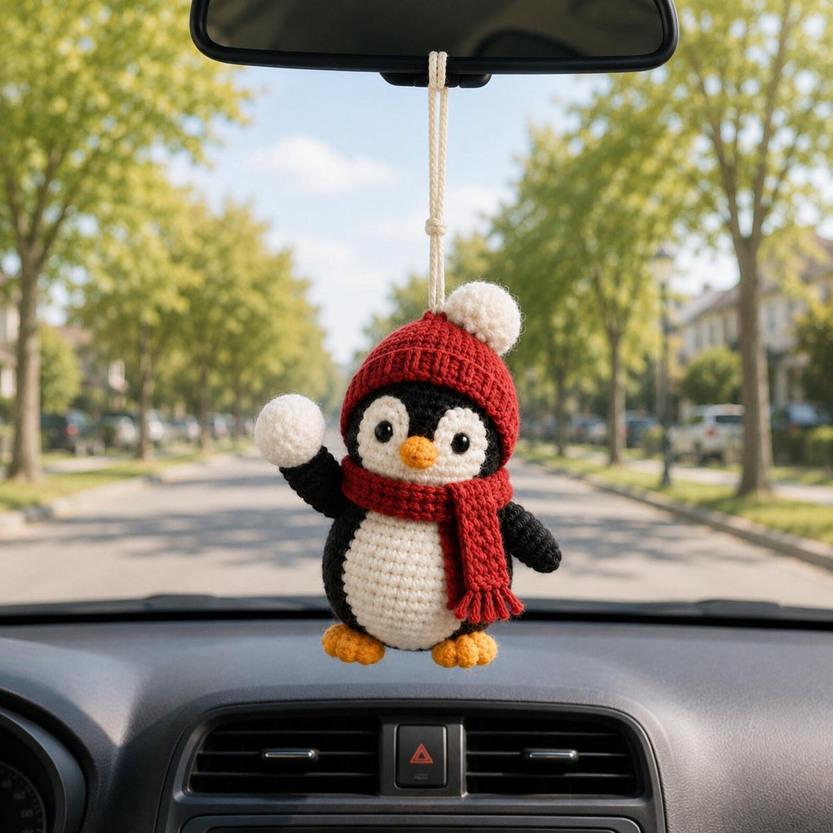 Crochet Penguin Car Charm, Christmas Rearview Mirror Hanging Ornament, Cute Penguin Car Accessory, Winter Crochet Gift