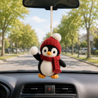 Crochet Penguin Car Charm, Christmas Rearview Mirror Hanging Ornament, Cute Penguin Car Accessory, Winter Crochet Gift