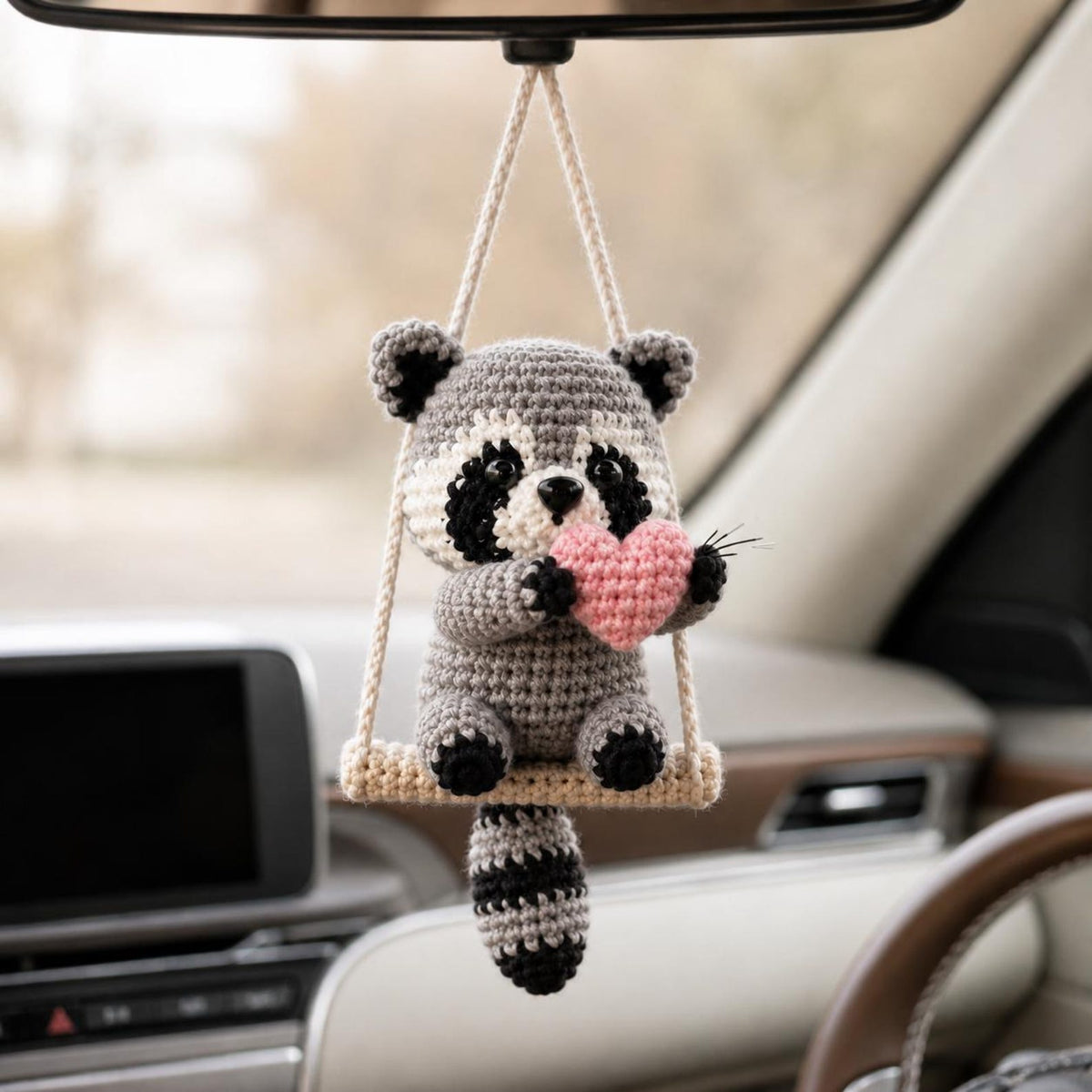 Crochet Raccoon Car Hanger, Heart Rearview Mirror Charm, Cute Amigurumi Auto Decor, Valentine Gift for Her, Friend Gift, Cute Christmas Gift