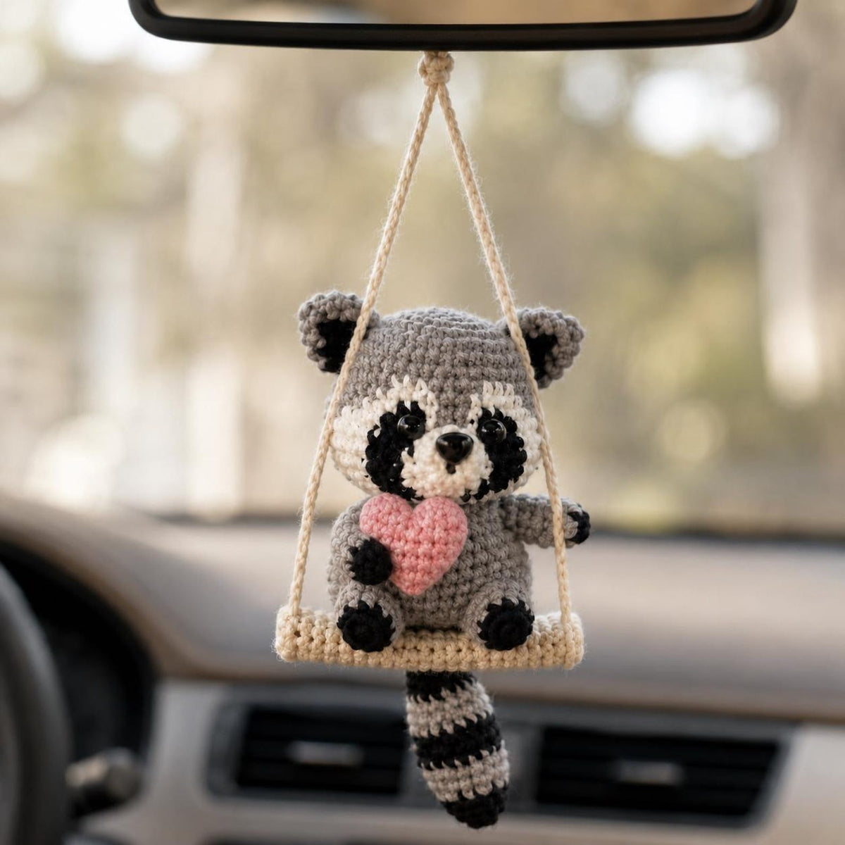 Crochet Raccoon Car Hanger, Heart Rearview Mirror Charm, Cute Amigurumi Auto Decor, Valentine Gift for Her, Friend Gift, Cute Christmas Gift