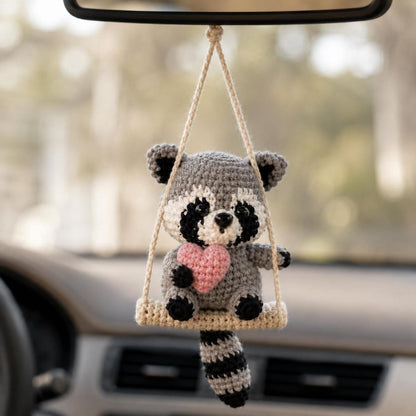 Crochet Raccoon Car Hanger, Heart Rearview Mirror Charm, Cute Amigurumi Auto Decor, Valentine Gift for Her, Friend Gift, Cute Christmas Gift