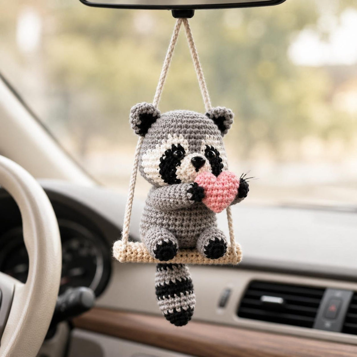 Crochet Raccoon Car Hanger, Heart Rearview Mirror Charm, Cute Amigurumi Auto Decor, Valentine Gift for Her, Friend Gift, Cute Christmas Gift
