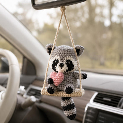Crochet Raccoon Car Hanger, Heart Rearview Mirror Charm, Cute Amigurumi Auto Decor, Valentine Gift for Her, Friend Gift, Cute Christmas Gift