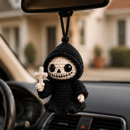 Crochet Halloween Skeleton Car Hanger, Grim Reaper Rearview Mirror Charm, Spooky Auto Decor, Handmade Fall Gift for Driver, Friend Gift