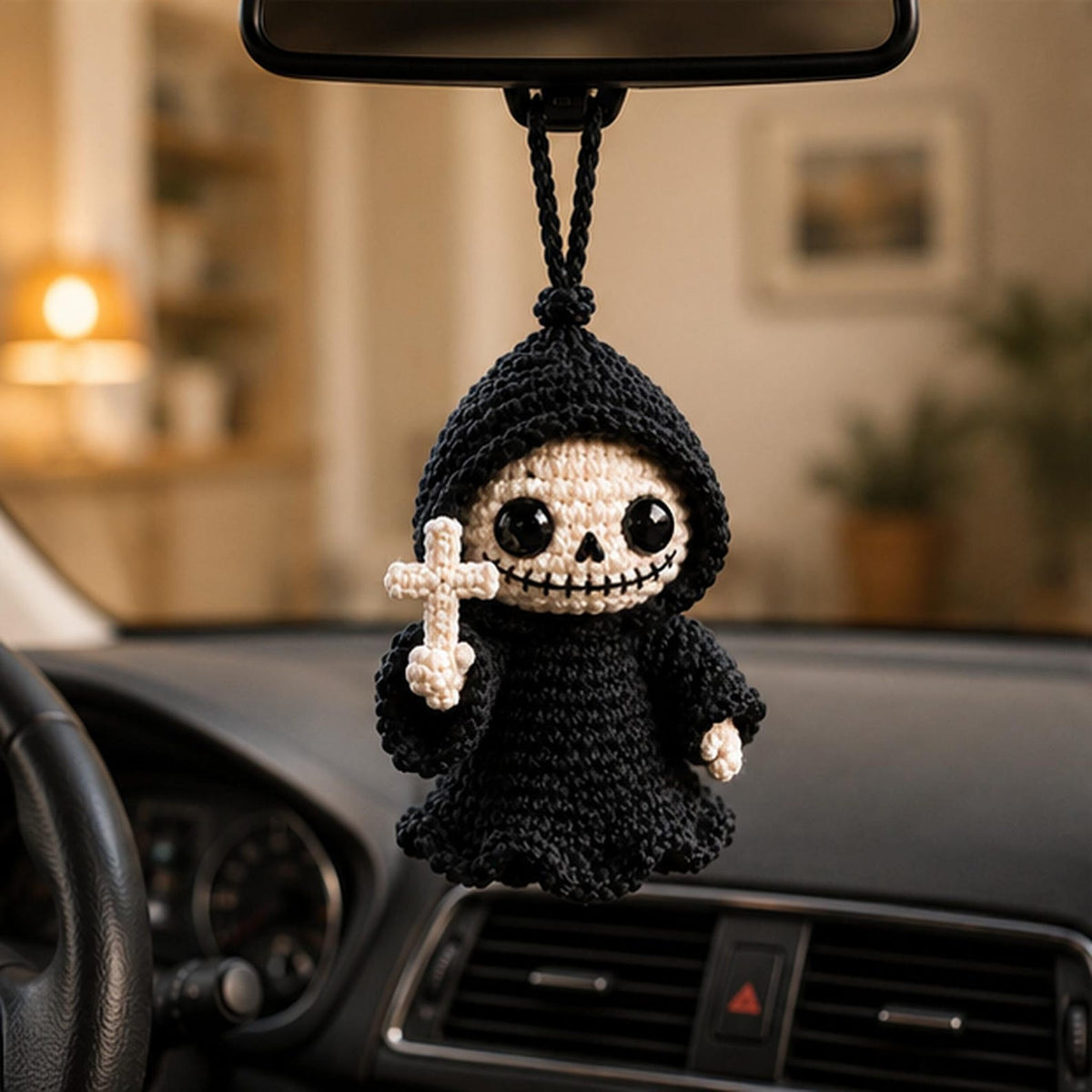 Crochet Halloween Skeleton Car Hanger, Grim Reaper Rearview Mirror Charm, Spooky Auto Decor, Handmade Fall Gift for Driver, Friend Gift
