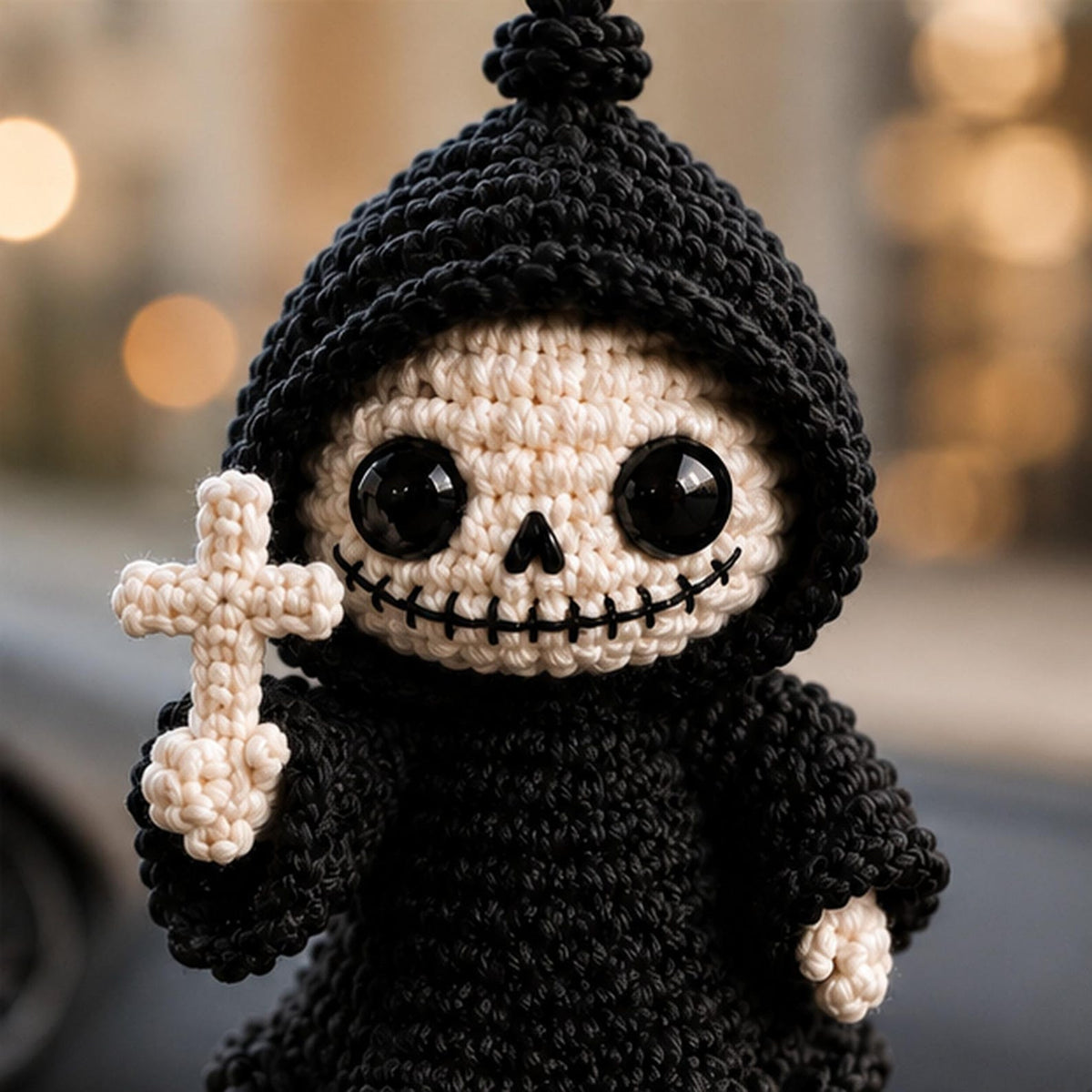 Crochet Halloween Skeleton Car Hanger, Grim Reaper Rearview Mirror Charm, Spooky Auto Decor, Handmade Fall Gift for Driver, Friend Gift