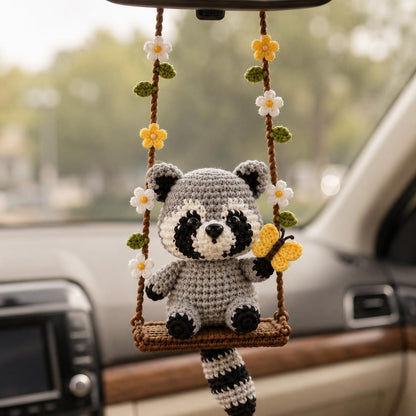 Crochet Raccoon Car Hanger, Floral Swing Rearview Mirror Charm, Cute Amigurumi Auto Decor, Gift for Her, Friend Gift, Cute Christmas Gift