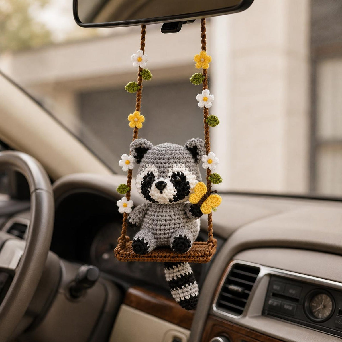 Crochet Raccoon Car Hanger, Floral Swing Rearview Mirror Charm, Cute Amigurumi Auto Decor, Gift for Her, Friend Gift, Cute Christmas Gift