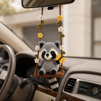 Crochet Raccoon Car Hanger, Floral Swing Rearview Mirror Charm, Cute Amigurumi Auto Decor, Gift for Her, Friend Gift, Cute Christmas Gift