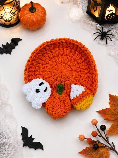 Handmade Crochet Halloween Coasters,Pumpkin Ghost Cat Spider Bat Eyeball Mug Rugs,SpookyHalloween Table Decor,Cute Spooky Cotton MugRugs