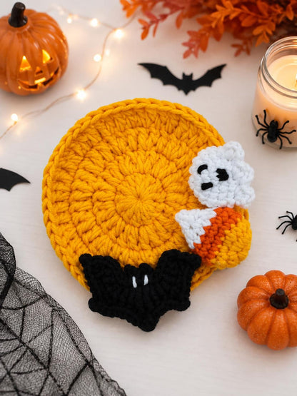 Handmade Crochet Halloween Coasters,Pumpkin Ghost Cat Spider Bat Eyeball Mug Rugs,SpookyHalloween Table Decor,Cute Spooky Cotton MugRugs