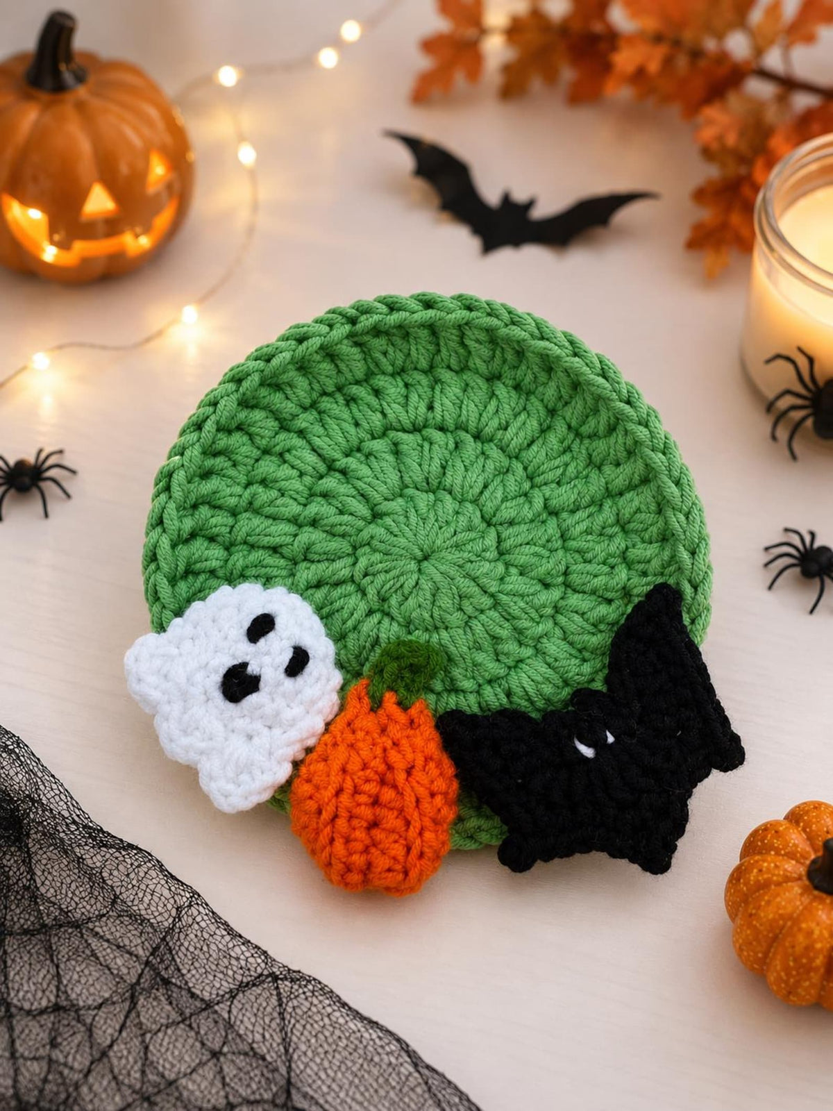 Handmade Crochet Halloween Coasters,Pumpkin Ghost Cat Spider Bat Eyeball Mug Rugs,SpookyHalloween Table Decor,Cute Spooky Cotton MugRugs