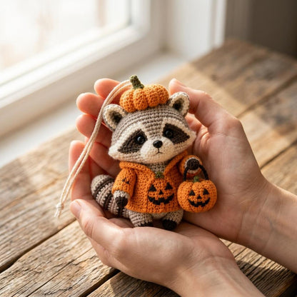 Halloween Crochet Car Charm, Cute Raccoon Hanging Ornament, Pumpkin Amigurumi Car Accessory, Fall Rearview Mirror Decor, Autumn Gift