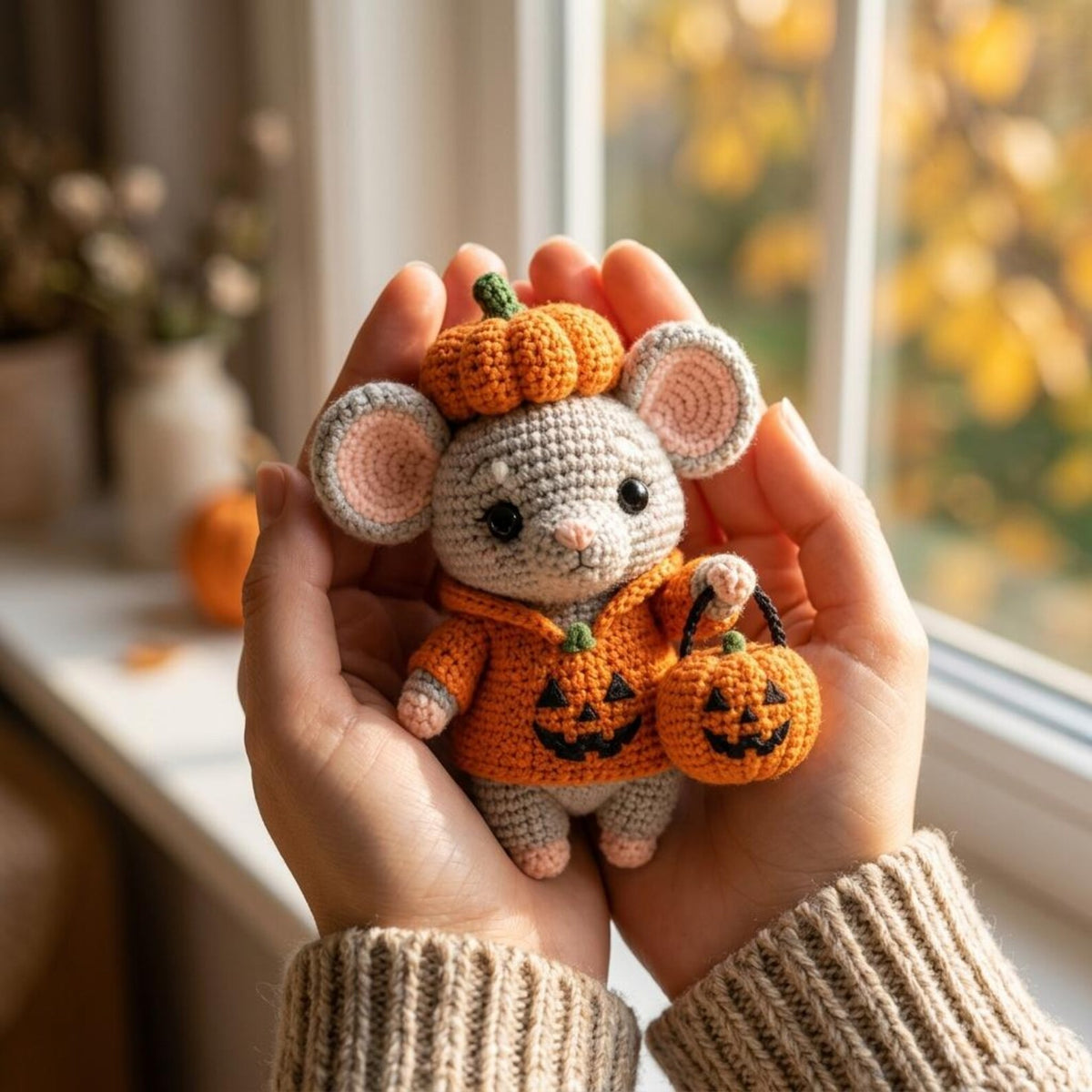 Halloween Crochet Mouse Charm, Pumpkin Mouse Hanging Ornament, Cute Amigurumi Car Accessory, Fall Rearview Mirror Decor, Autumn Gift