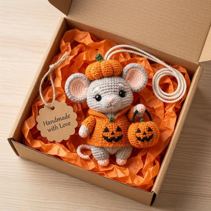 Halloween Crochet Mouse Charm, Pumpkin Mouse Hanging Ornament, Cute Amigurumi Car Accessory, Fall Rearview Mirror Decor, Autumn Gift