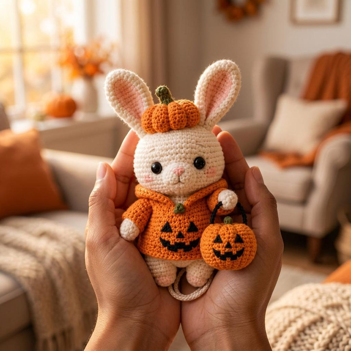 Crochet Bunny Car Charm, Halloween Rearview Mirror Ornament, Pumpkin Rabbit Amigurumi, Cute Fall Car Decor, Halloween Car Accessory
