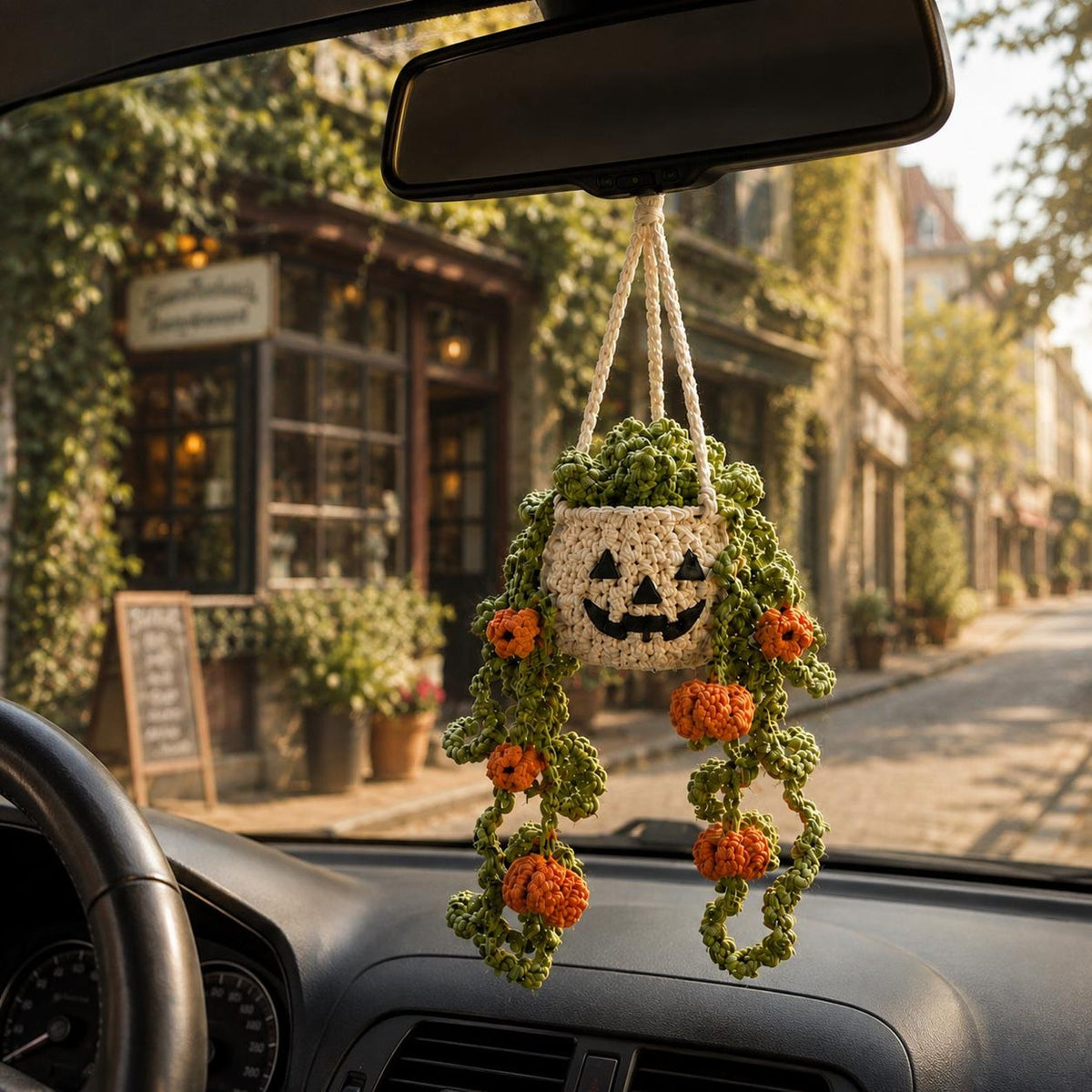 Halloween Crochet Car Hanging Plant, Pumpkin Rear View Mirror Charm, Essential Oil Diffuser Hanging, Plant Lover Gift