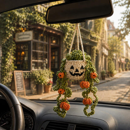 Halloween Crochet Car Hanging Plant, Pumpkin Rear View Mirror Charm, Essential Oil Diffuser Hanging, Plant Lover Gift