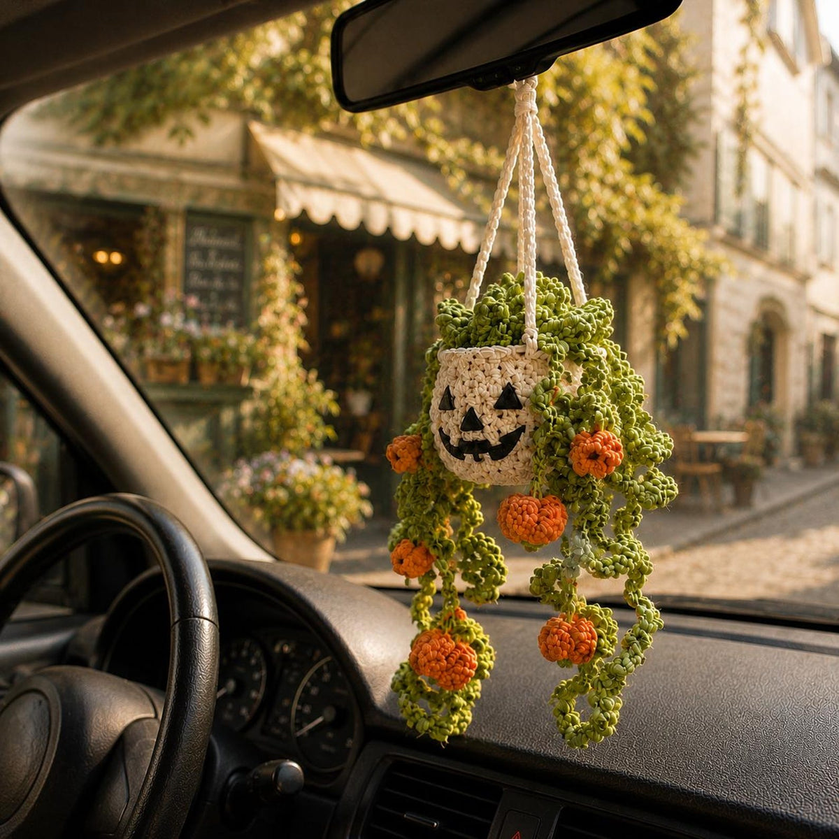 Halloween Crochet Car Hanging Plant, Pumpkin Rear View Mirror Charm, Essential Oil Diffuser Hanging, Plant Lover Gift