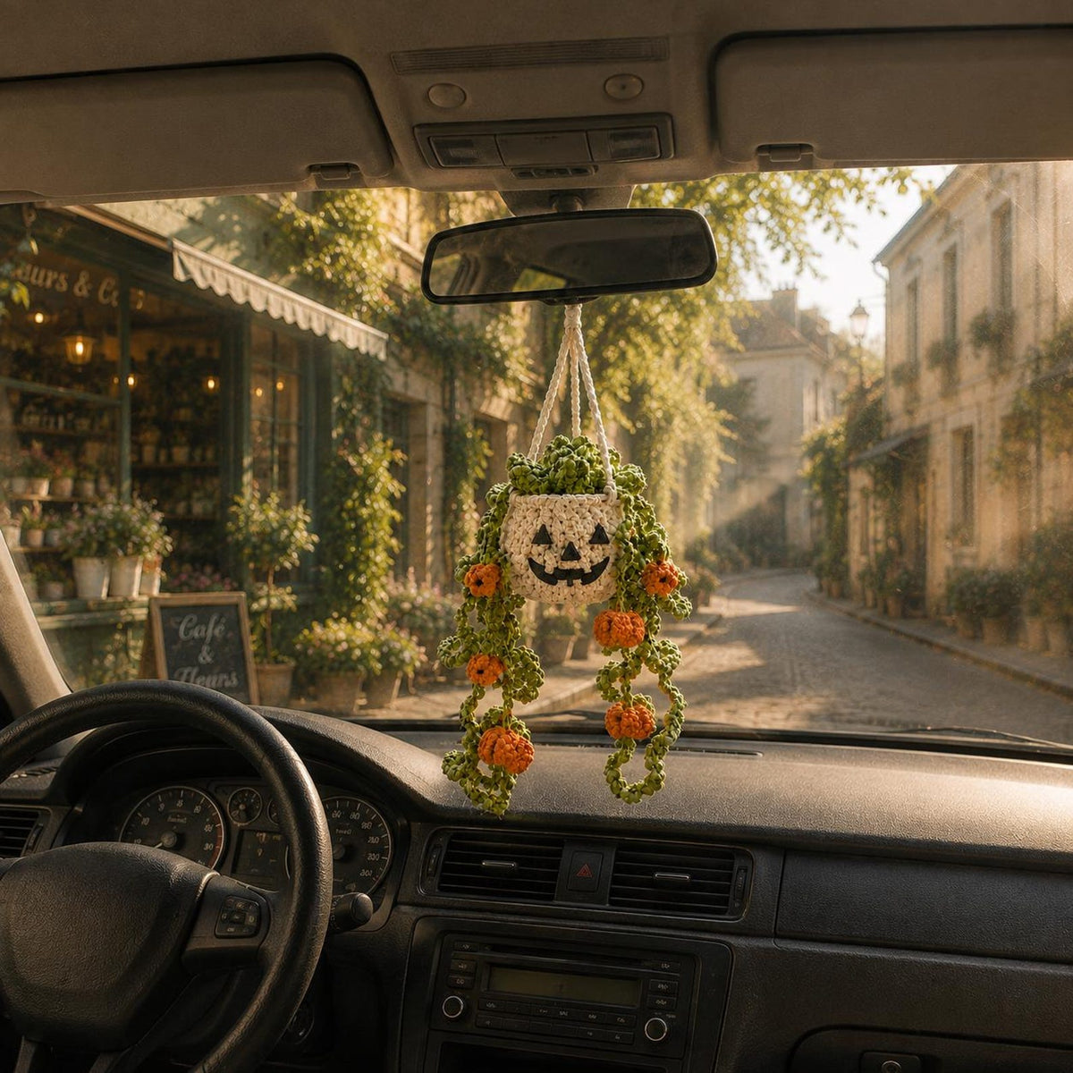 Halloween Crochet Car Hanging Plant, Pumpkin Rear View Mirror Charm, Essential Oil Diffuser Hanging, Plant Lover Gift