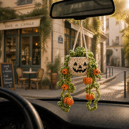 Halloween Crochet Car Hanging Plant, Pumpkin Rear View Mirror Charm, Essential Oil Diffuser Hanging, Plant Lover Gift