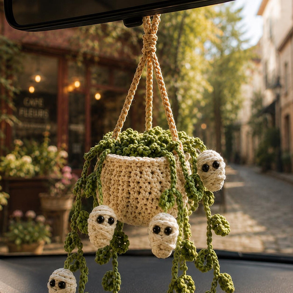 Crochet Halloween Car Plant Hanger, Handmade Mummy Plant Pot Car Charm, Spooky Cute Car Decor, Unique Car Accessory, Plant Lover Gift