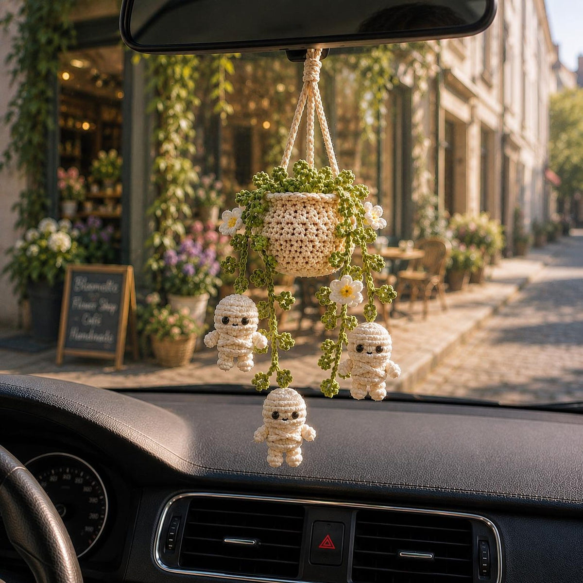 Halloween Mummy Daisy Plant Crochet Car Hanging, Halloween Car Charm, Spooky Cute Plant Car Ornament, Handmade Car Accessory