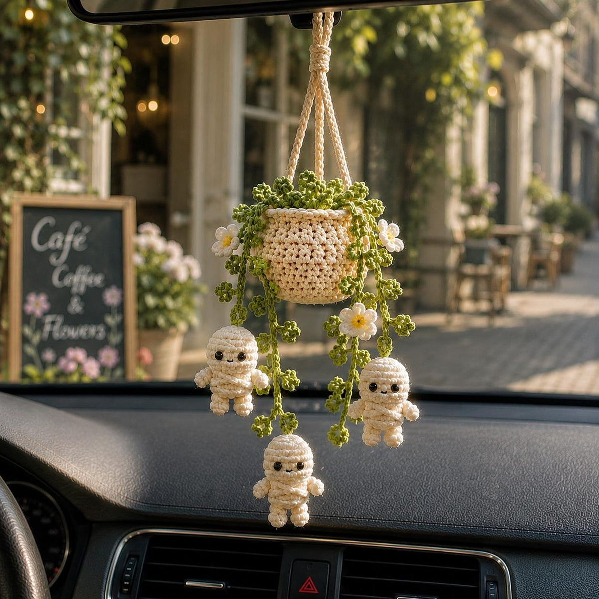 Halloween Mummy Daisy Plant Crochet Car Hanging, Halloween Car Charm, Spooky Cute Plant Car Ornament, Handmade Car Accessory