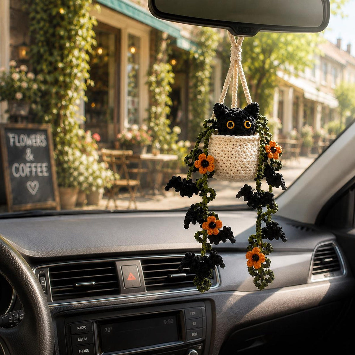 Crochet Halloween Black Cat Plant Car Hanging, Bat Vine Car Charm, Spooky Cute Halloween Car Decor, Handmade Plant Lover Gift