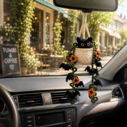 Crochet Halloween Black Cat Plant Car Hanging, Bat Vine Car Charm, Spooky Cute Halloween Car Decor, Handmade Plant Lover Gift