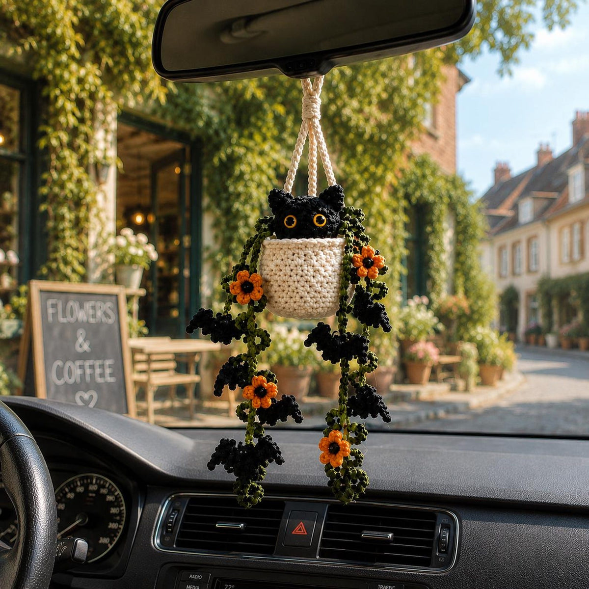 Crochet Halloween Black Cat Plant Car Hanging, Bat Vine Car Charm, Spooky Cute Halloween Car Decor, Handmade Plant Lover Gift