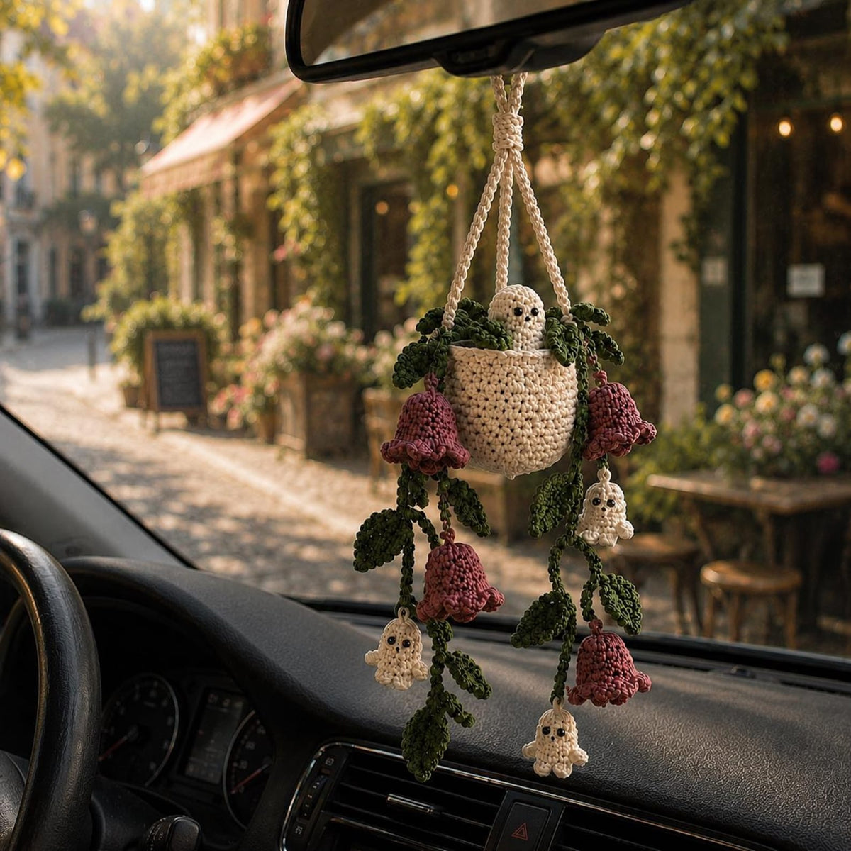 Halloween Crochet Plant Car Hanging, Handmade Ghostbell Flower Basket Car Charm, Spooky Car Decor, Plant Lover Gift