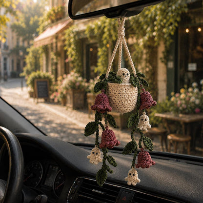 Halloween Crochet Plant Car Hanging, Handmade Ghostbell Flower Basket Car Charm, Spooky Car Decor, Plant Lover Gift