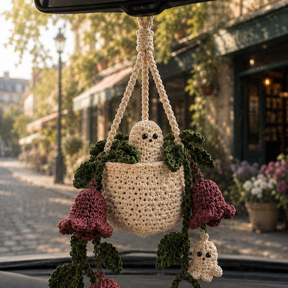 Halloween Crochet Plant Car Hanging, Handmade Ghostbell Flower Basket Car Charm, Spooky Car Decor, Plant Lover Gift
