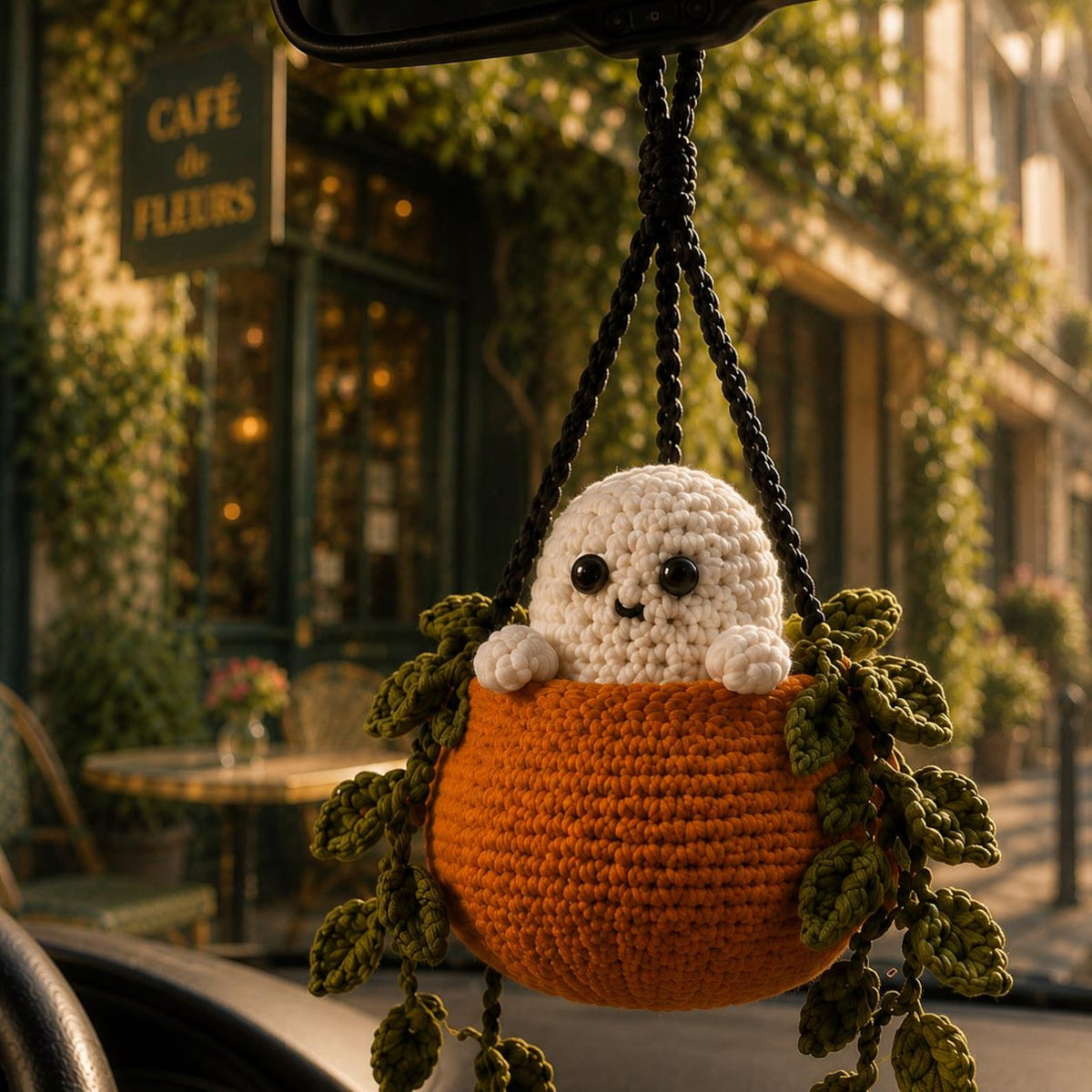 Boo in a Pumpkin Crochet Car Hanging, Ghost & Bat Halloween Plant Car Charm, Cute Car Accessory, Plant Lover Gift