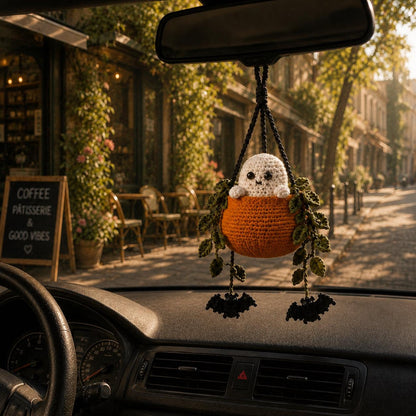 Boo in a Pumpkin Crochet Car Hanging, Ghost & Bat Halloween Plant Car Charm, Cute Car Accessory, Plant Lover Gift