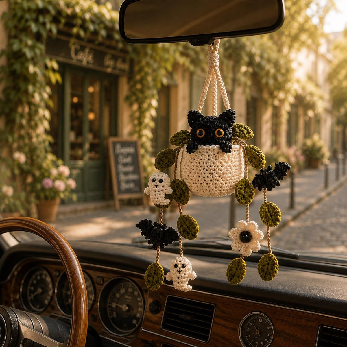 Crochet Halloween Plant Car Hanging, Handmade Black Cat Ghost & Bat Car Charm, Cute Car Decor, Spooky Car Accessory, Plant Lover Gift