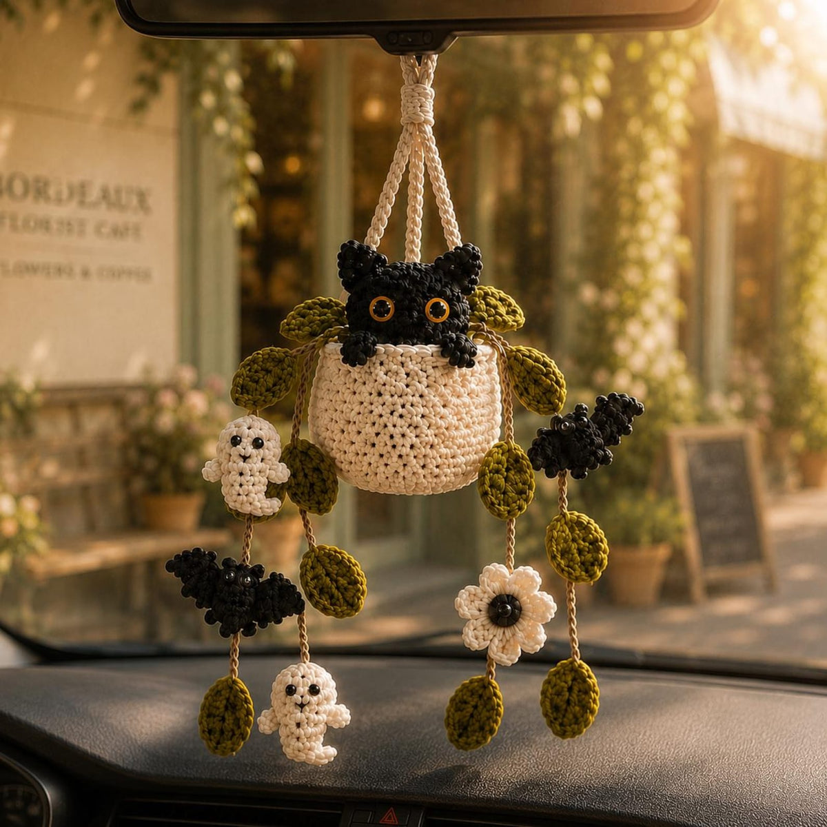 Crochet Halloween Plant Car Hanging, Handmade Black Cat Ghost & Bat Car Charm, Cute Car Decor, Spooky Car Accessory, Plant Lover Gift