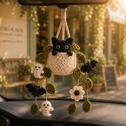 Crochet Halloween Plant Car Hanging, Handmade Black Cat Ghost & Bat Car Charm, Cute Car Decor, Spooky Car Accessory, Plant Lover Gift