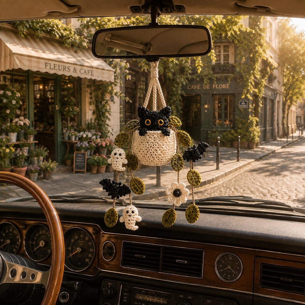 Crochet Halloween Plant Car Hanging, Handmade Black Cat Ghost & Bat Car Charm, Cute Car Decor, Spooky Car Accessory, Plant Lover Gift