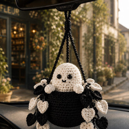 Crochet Ghost Heart Vine Plant Car Hanging, Halloween Car Mirror Hanging, Spooky Car Charm, Cute Car Accessory Decor, Plant Lover Gift